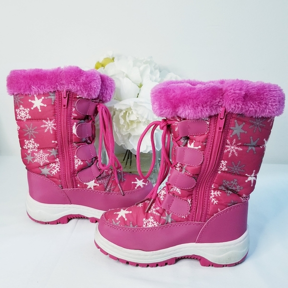 Toddler Girl's Pink Snowflakes Print  Lace Up Zippered Winter Snow Boots - Picture 2 of 12